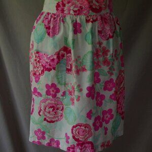 Half Apron Vintage White With Hot Pink Flowers Handmade Green Leaves Cottagecore